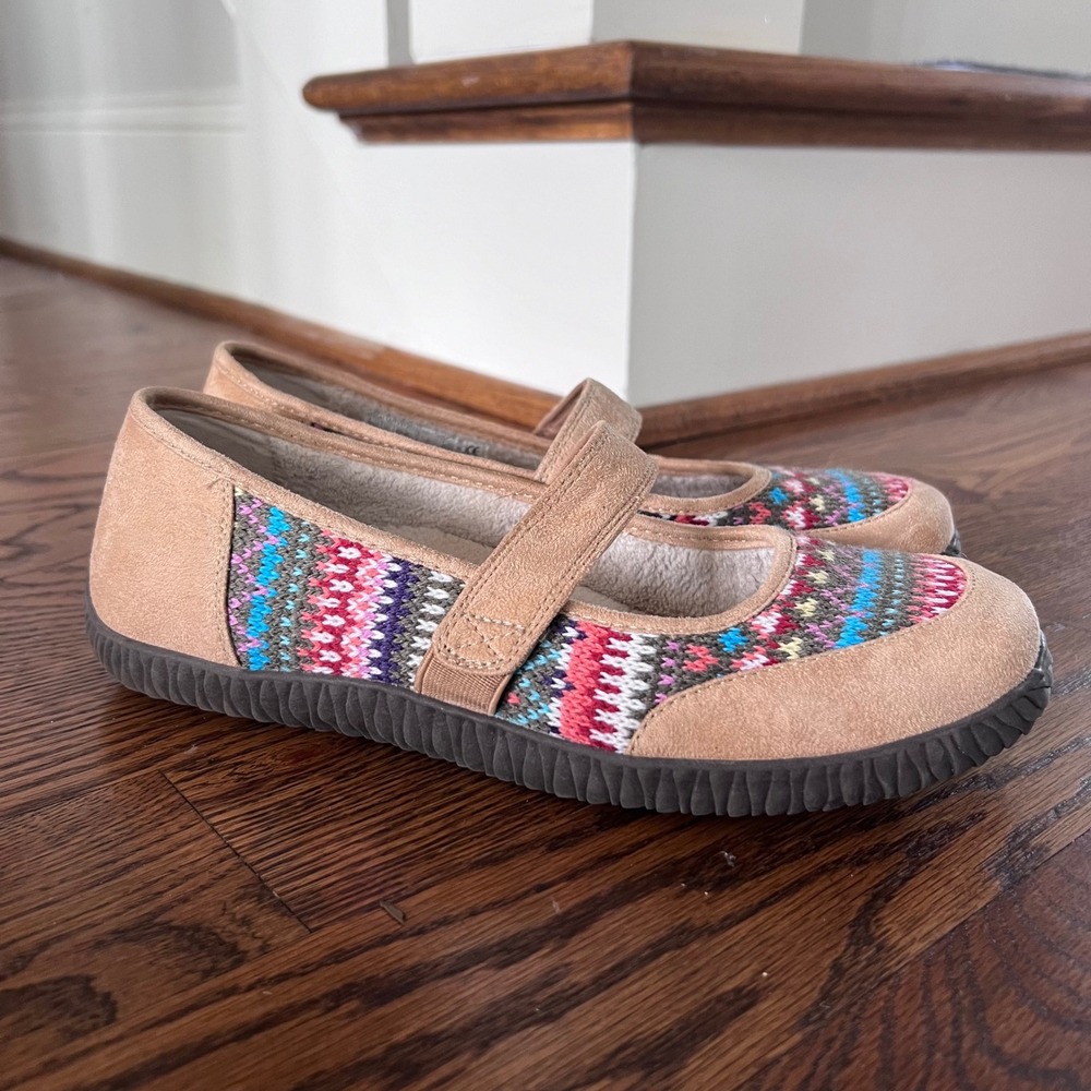 Orthaheel Mary Jane Slippers Tan Fair‎ Isle Knit Faux Fur Lined Womens 9 TVW3023